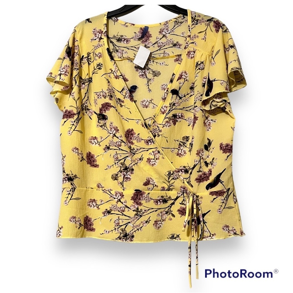 BLUEBELL 1 XL womens v neck short sleeve yellow blouse floral print pullover